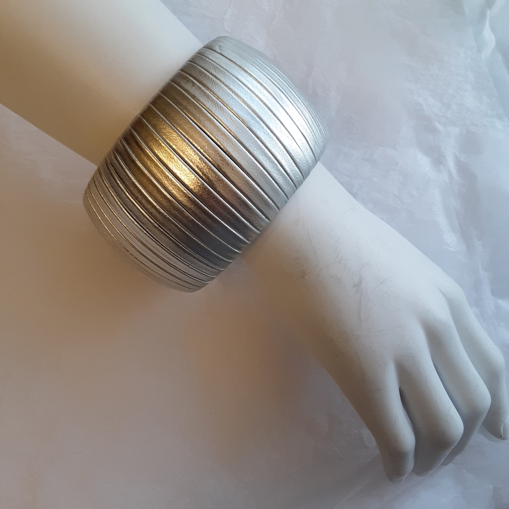 Silver wide cuff bangle- ? leather wrap design